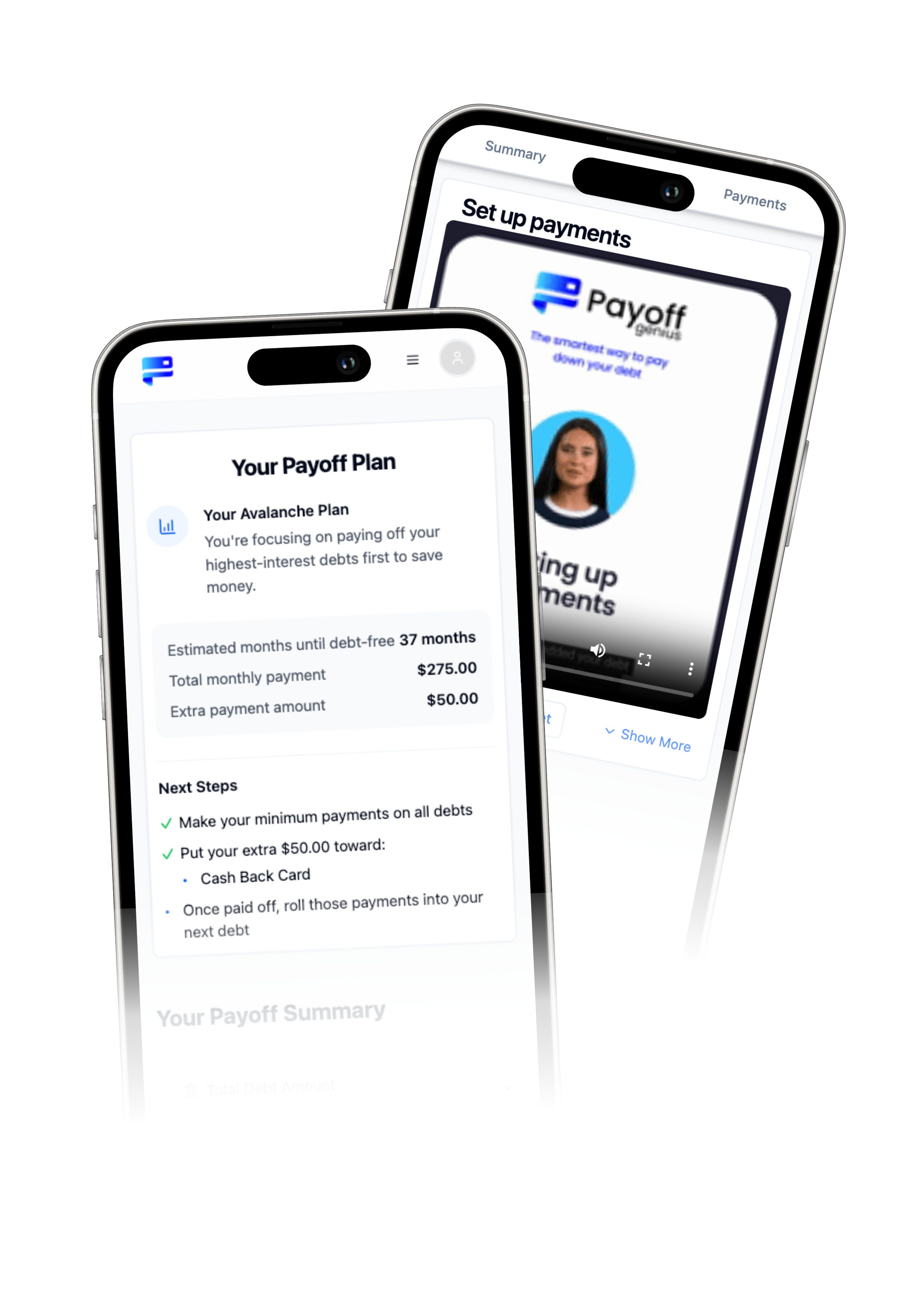 Screen simulations of Payoff Plan and guidance video