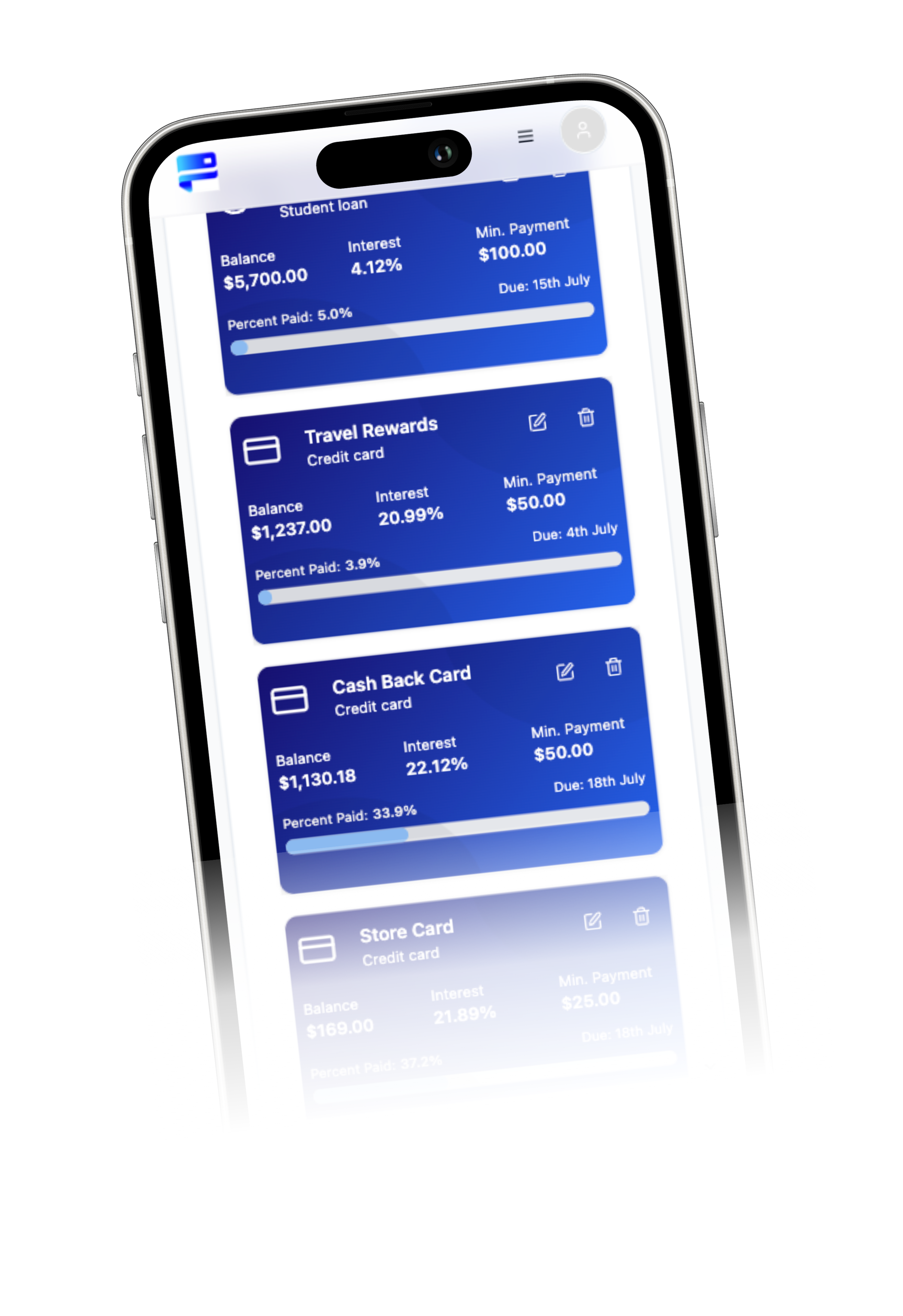 Screen simulation of debt tracking page